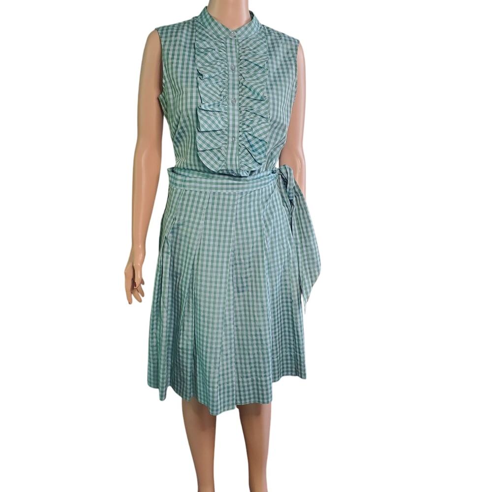 Kate Hill Size 10/12 Green Gingham Plaid Silk Blend Wrap Skirt Blouse Preppy 50s